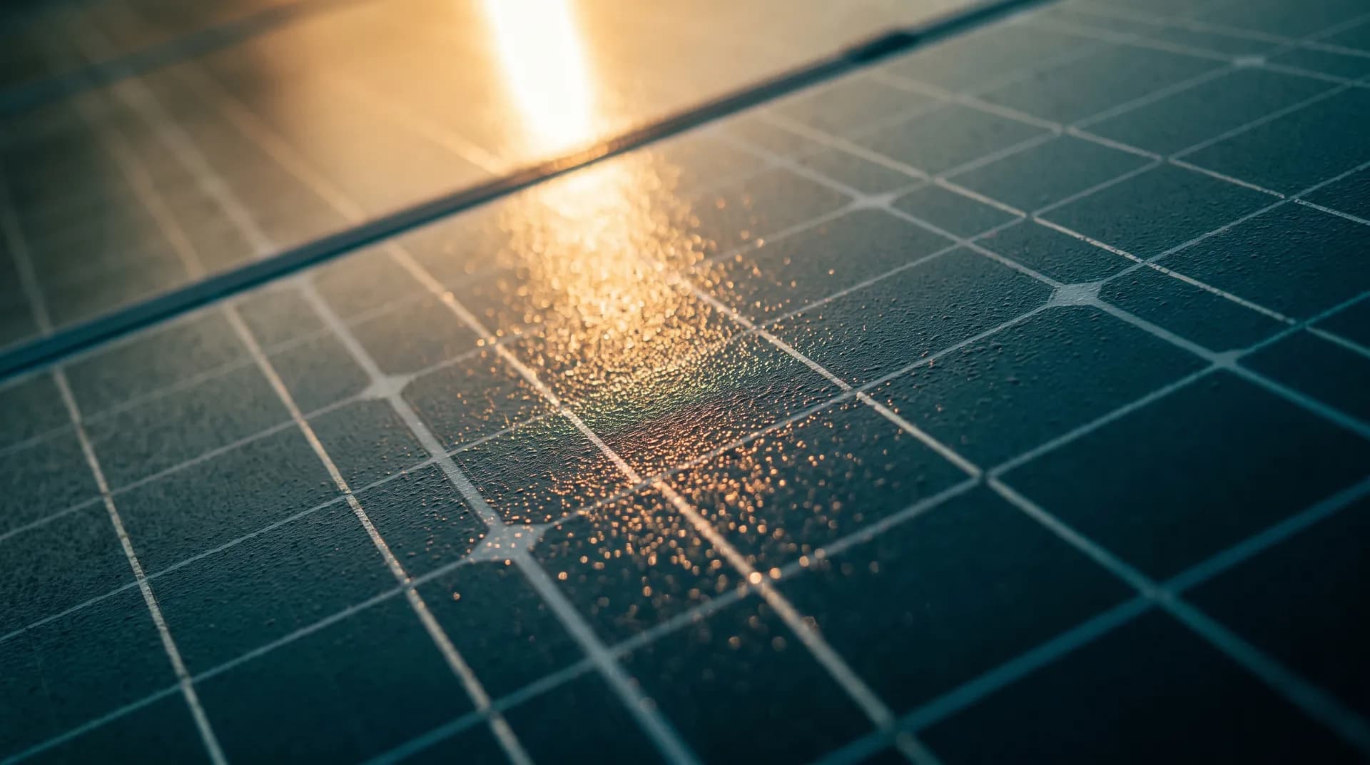 The surface of a solar panel, backlit by the sun