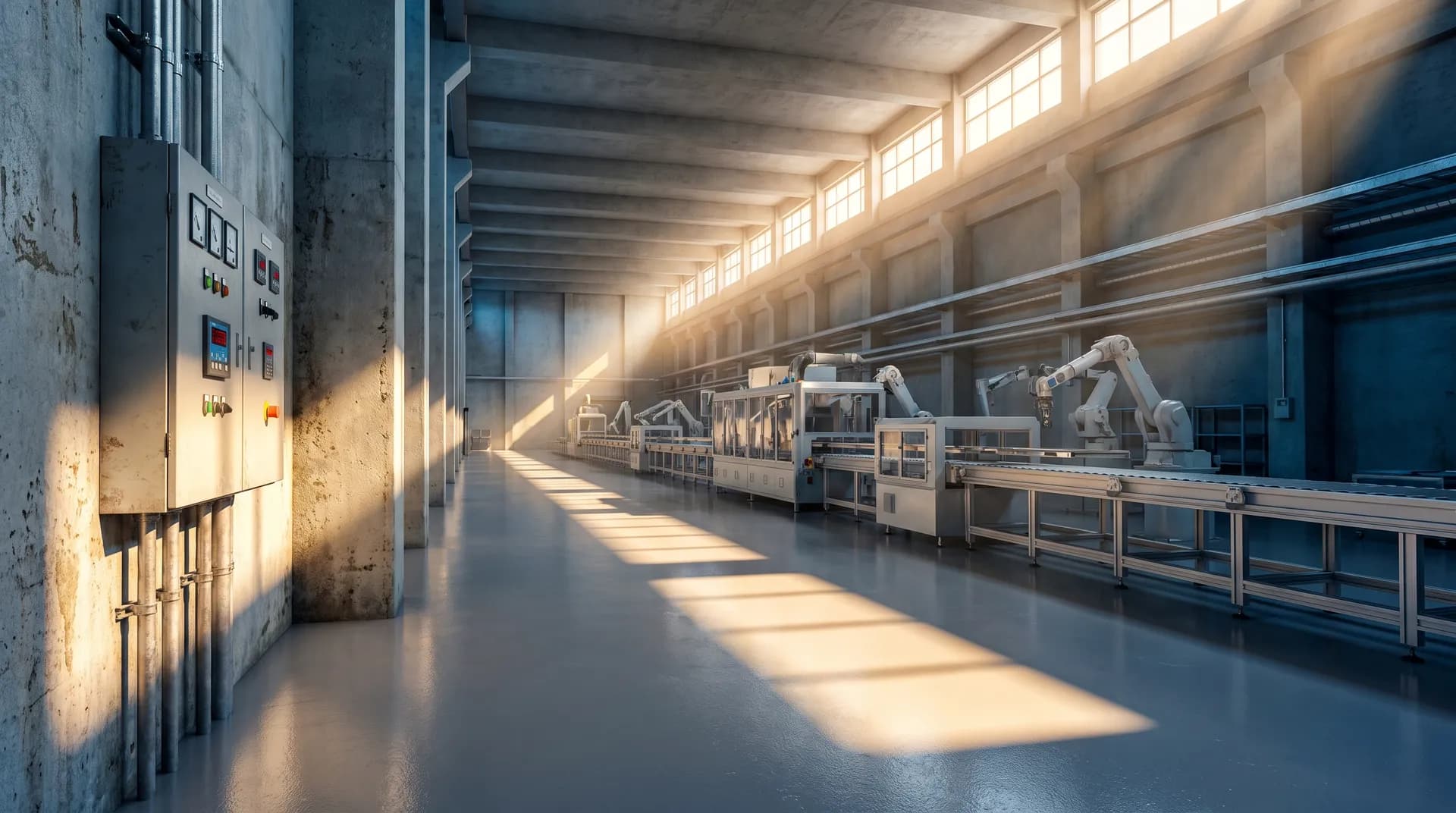 Inside a manufacturing plant, morning light falling in long bands from the side windows