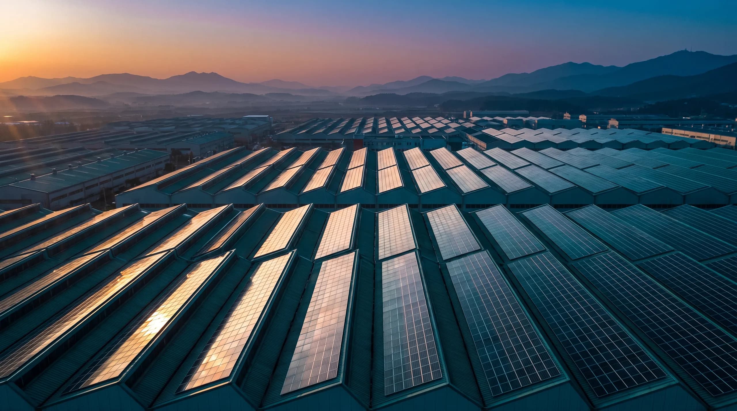 Aerial photograph of solar arrays covering industrial park rooftops at dusk