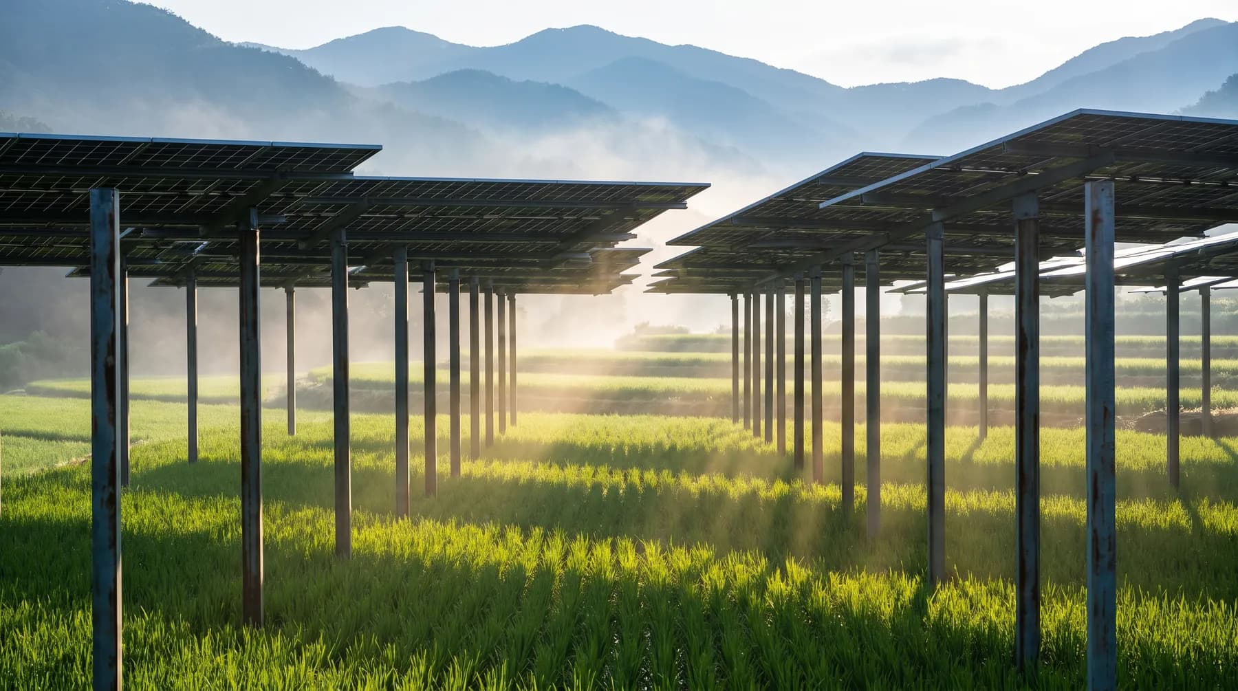 Photograph of agrivoltaic panels mounted high above a crop field