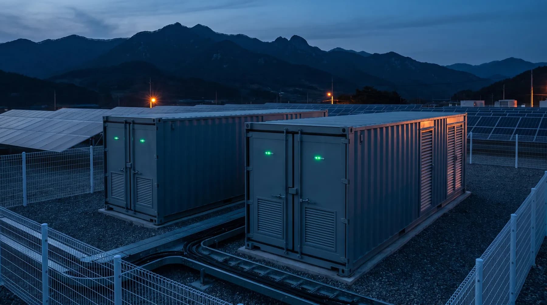 Photograph of energy storage containers beside a solar plant