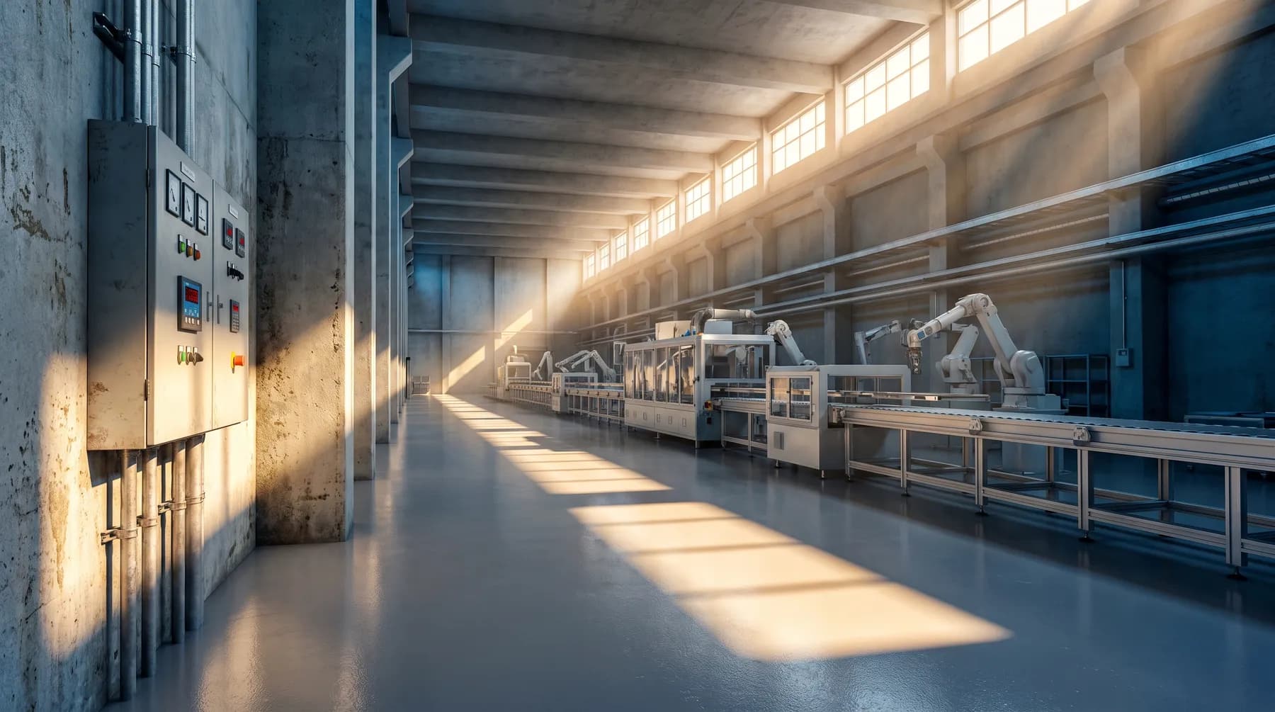 Interior of a manufacturing plant lit through side windows