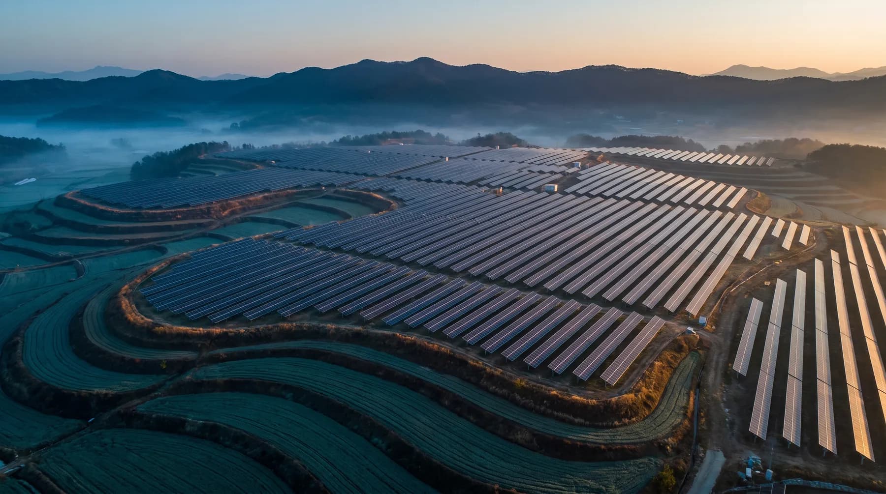 Aerial view of a terraced ground-mount solar plant