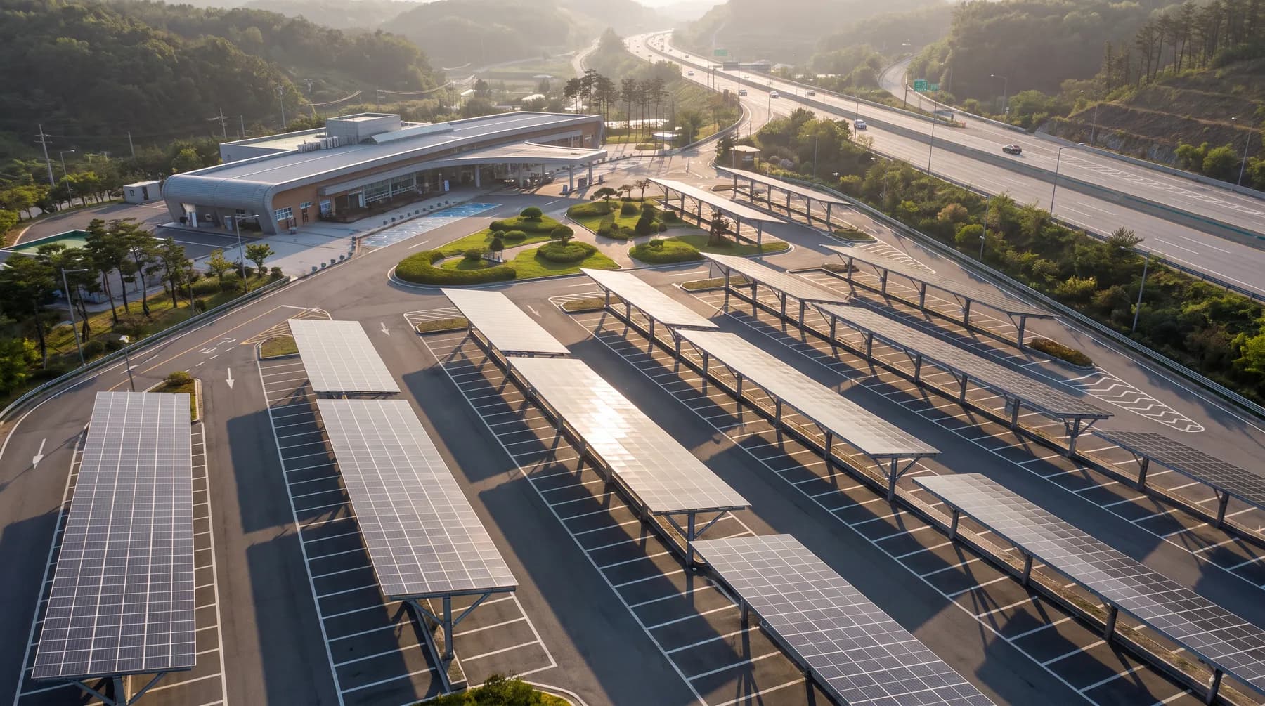 Photograph of a solar canopy over a parking lot