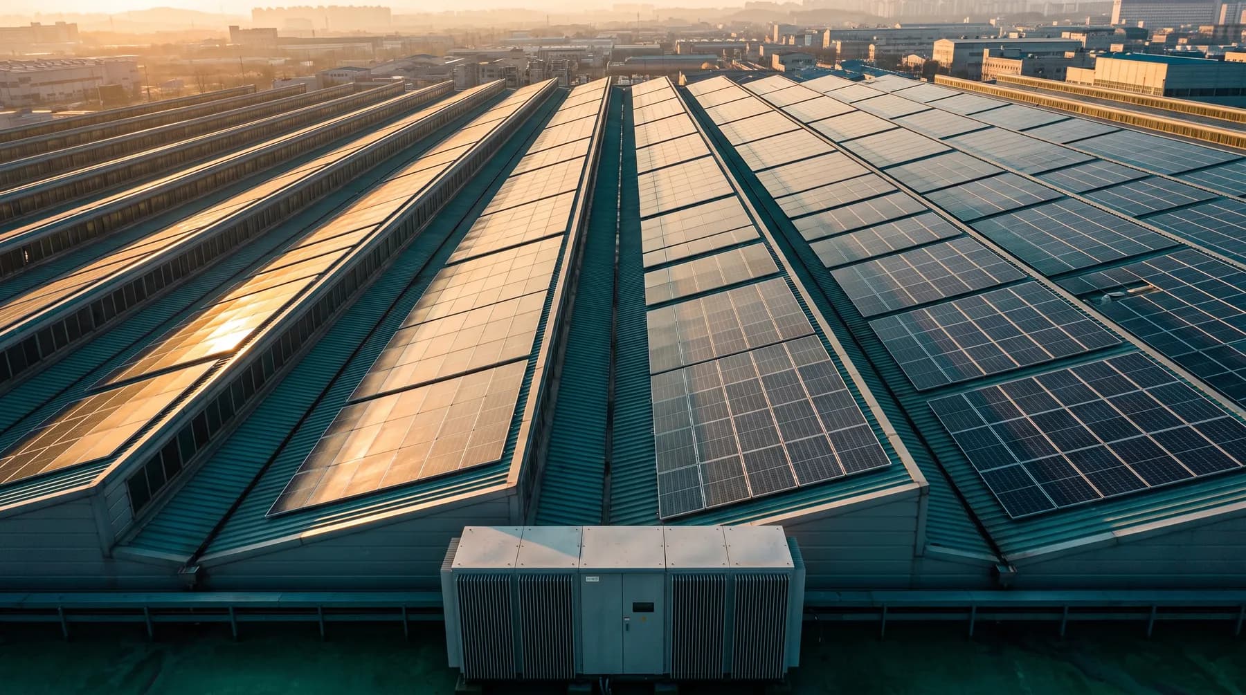 Aerial photograph of solar panels on a factory roof