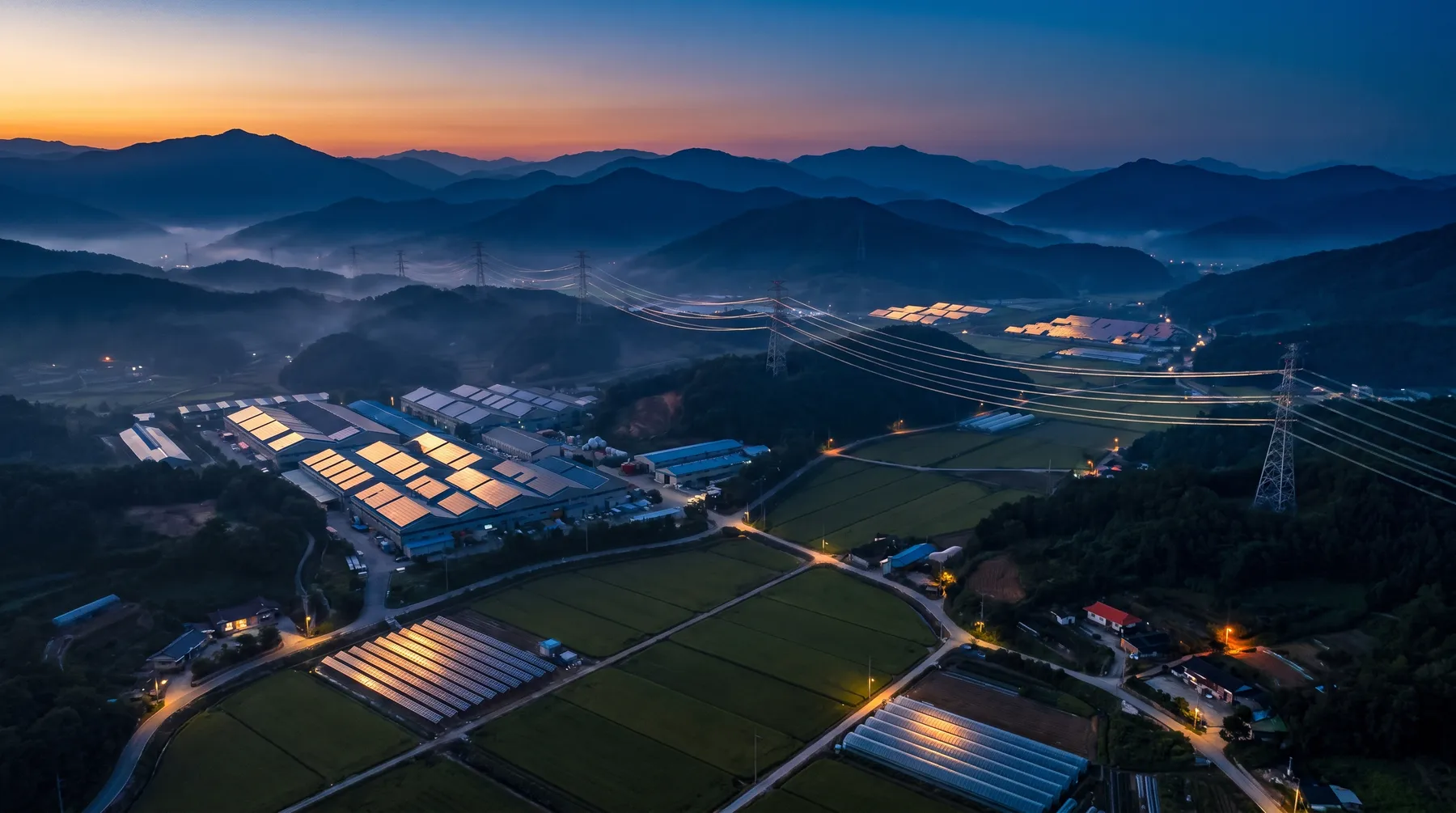 Photograph of a landscape dotted with small solar installations